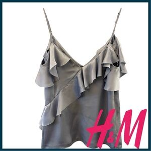 NWT H&M Gold Label Silver/Grey Satin Ruffle Cold Shoulder Cami (4)